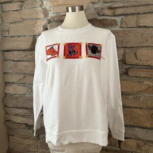 Holiday Editions Halloween Sweatshirt Women’s Large White Pumpkins Witch Hat Bat